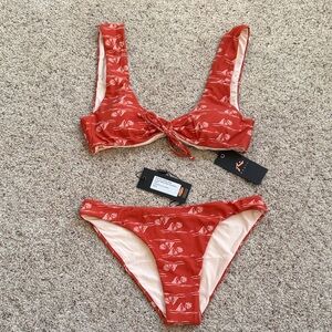 Rusty Coral-Red Tropical Tie-Front Bikini Set